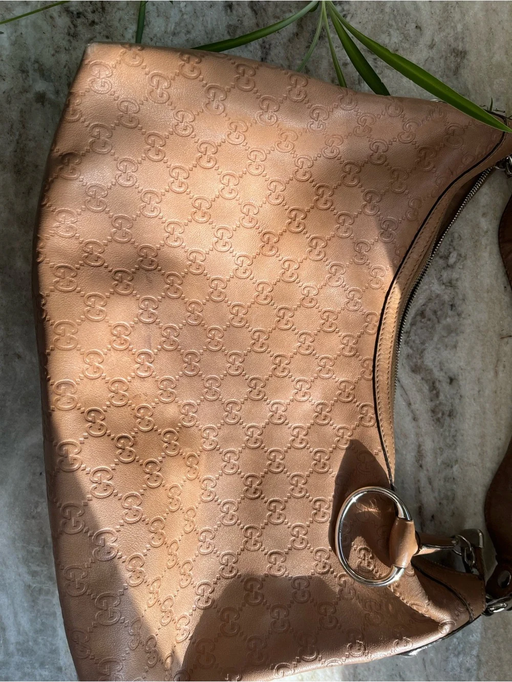Gucci Guccisima Tan Beige Embossed Leather One Strap Hobo Purse Silver Hardware